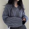 Chic Retro Cable V Neck Pullover Long Sleeve Sweater Women Autumn Winter Loose Crop Lazy Style Knit Top