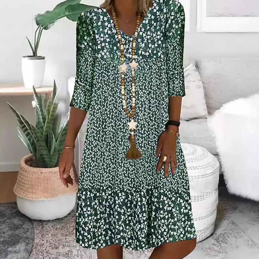 BITCED Летние женские принтованные платья миди со средним рукавом и V-образным вырезом