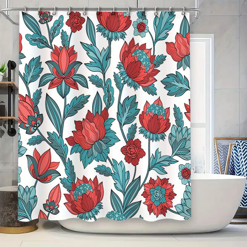 Artistic Floral Shower Curtain 3D Printed Bathroom Decor for Home Decoration in Blue Red Color