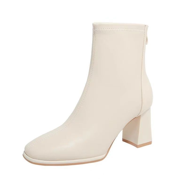 Giant Skinny! Skinny Boots~ Thick Heel White Ankle Boots Women's French Short Boots Square Head High Heel Elastic Boots Women's