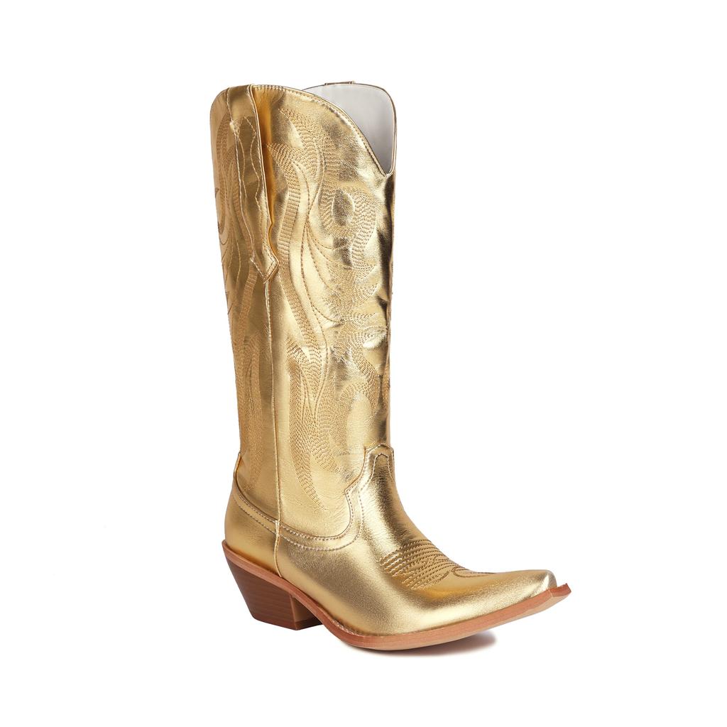 IPPEUM Silver Metallic Cowboy Boots Knee High Embroider Chunky Heel  Cowgirl Shoes Mid Calf Western Botas Cowboy Mujer