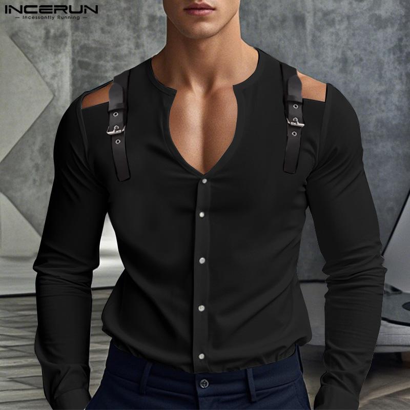 INCERUN Men Cutout Shoulder Patchwork Long Sleeve Casual Buttons T-Shirts Undershirts