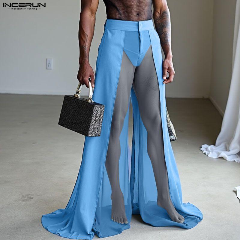 INCERUN Мужские брюки с широкими штанинами, на молнии, с сетчатой полупрозрачной вставкой на талии