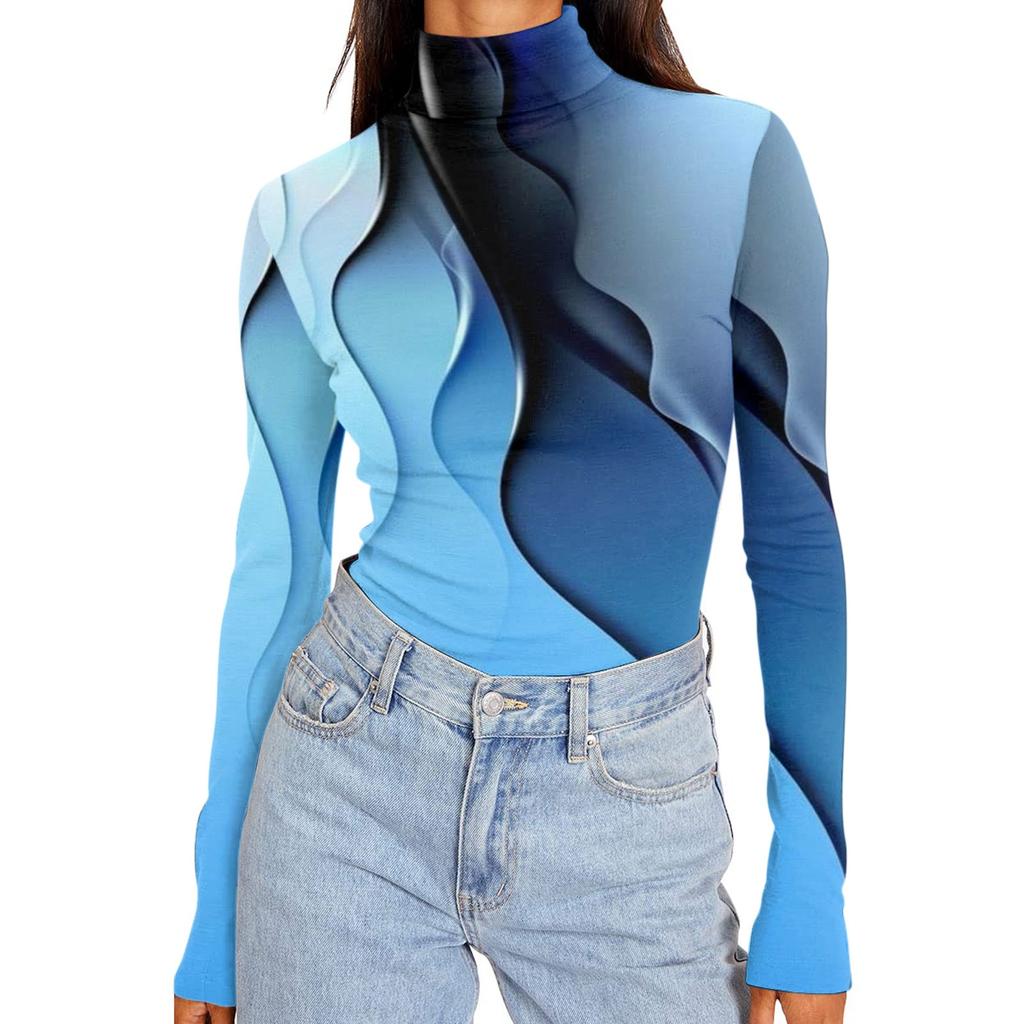 Женские рубашки с высоким воротником и длинными рукавами с принтом, осенние модные базовые облегающие мягкие термотопы