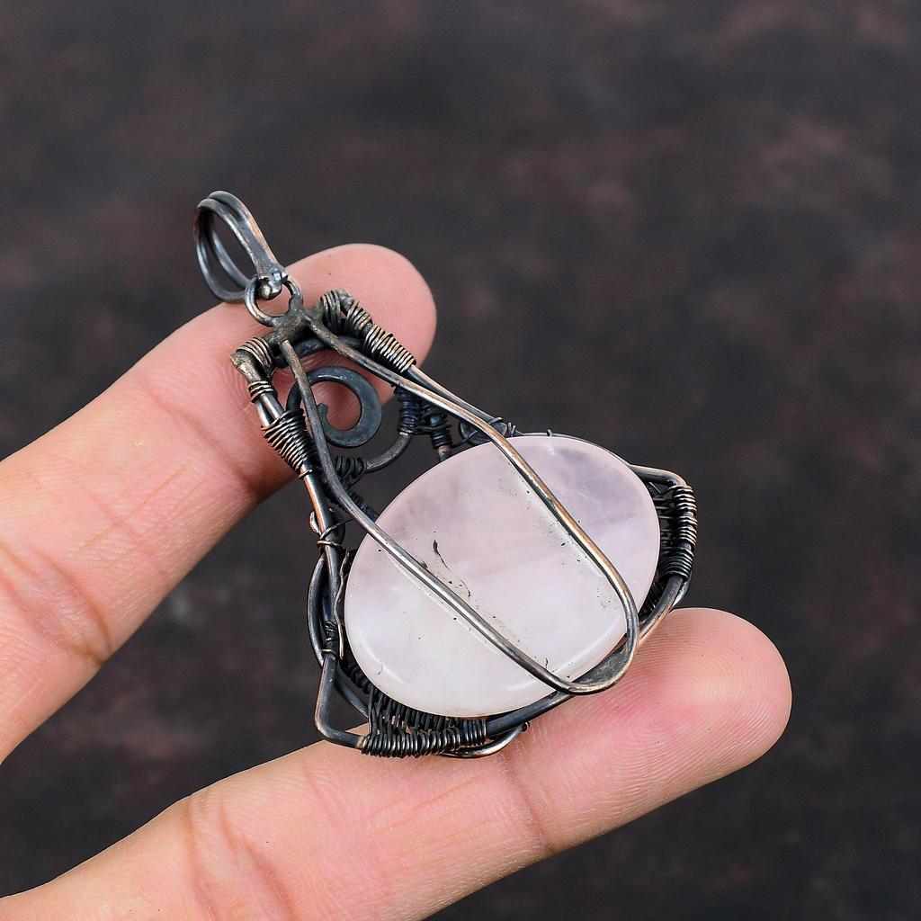 Кулон из розового кварца, обернутый медной проволокой, ювелирные изделия из розового кварца, новинка ручной работы, кулон из медной проволоки, ювелирные изделия из драгоценных камней, кулон для подарка