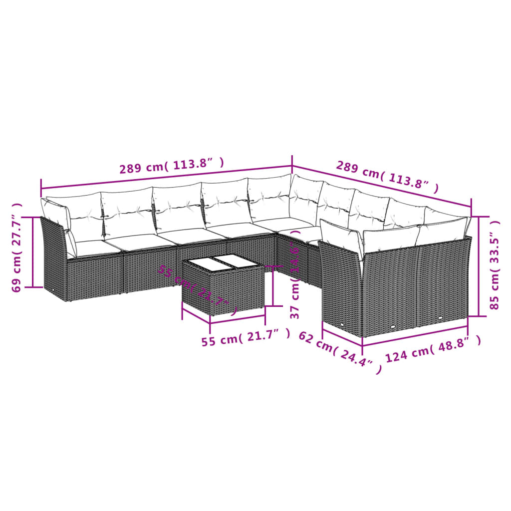 11 pc Outdoor Sofa Set with Cushions Grey Poly Rattan