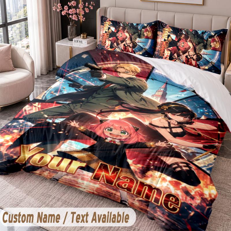 Custom Name Text 3Pcs Bedding Set Spy × Family Duvet Cover And Two Pillowcases