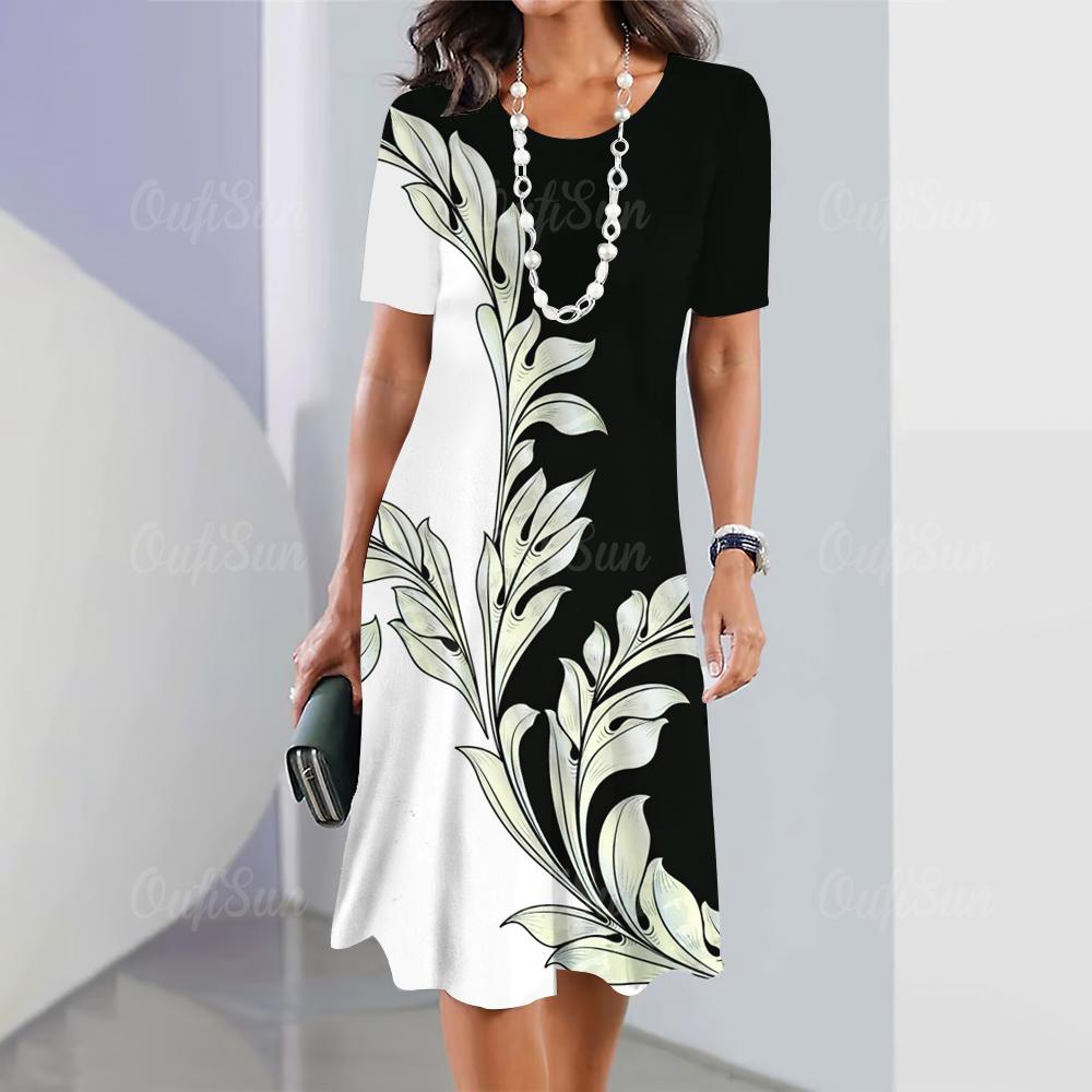 Летние женские платья с 3D-принтом в виде цветов с коротким рукавом, элегантная свободная юбка А-силуэта, модное женское платье большого размера