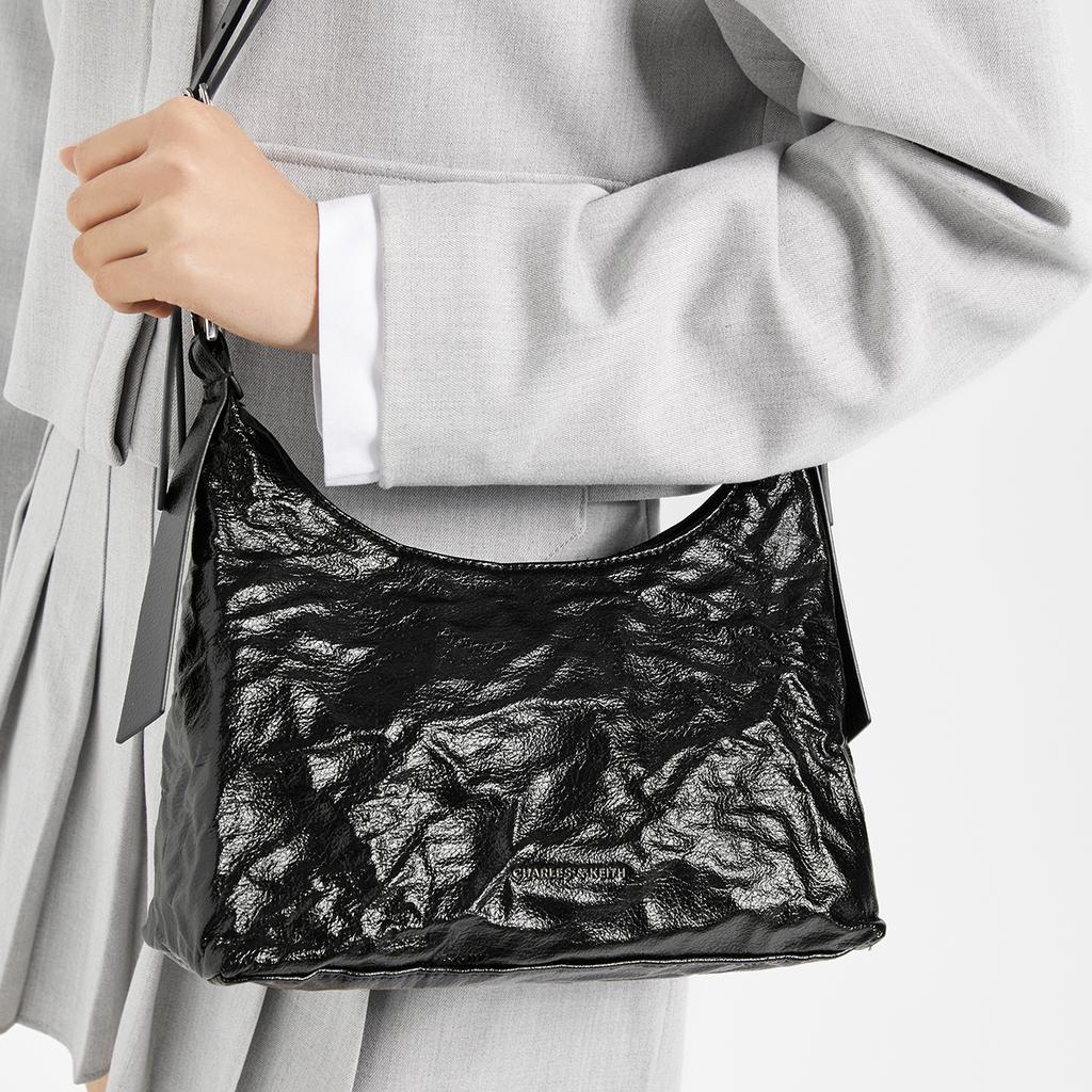 Charles & Keith Summer High-Value Popular Versatile Pleated Faux Waxed Leather Handheld PU Shoulder Bag Medium Women bags CK2-40271360