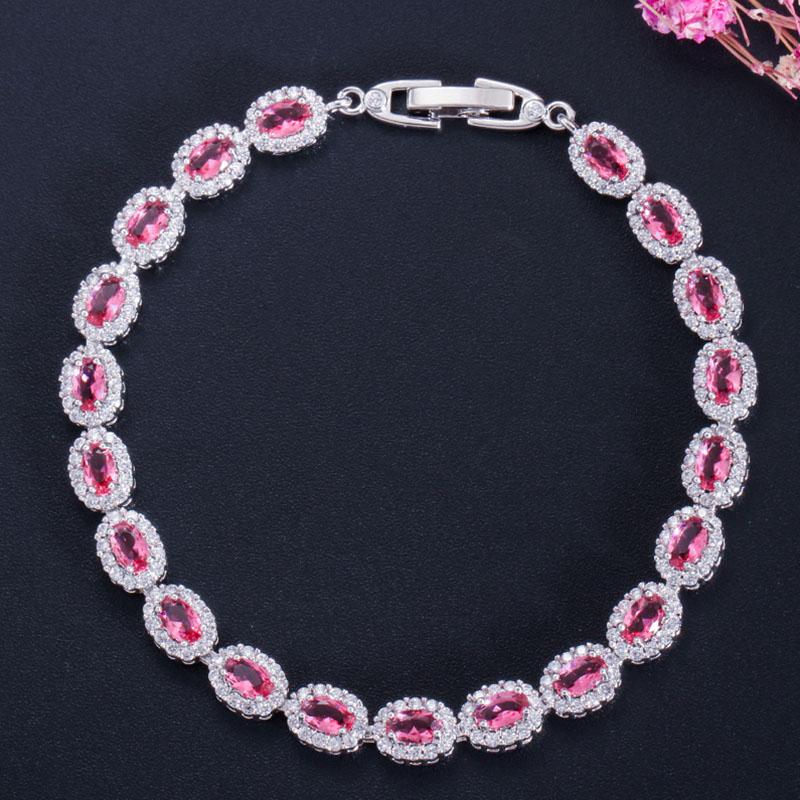 Pera Lovely Women Jewelry Rose Red Cubic Zirconia Crystal Oval-Shape Connected Chain Link Bracelets for Ladies Party Gift B050