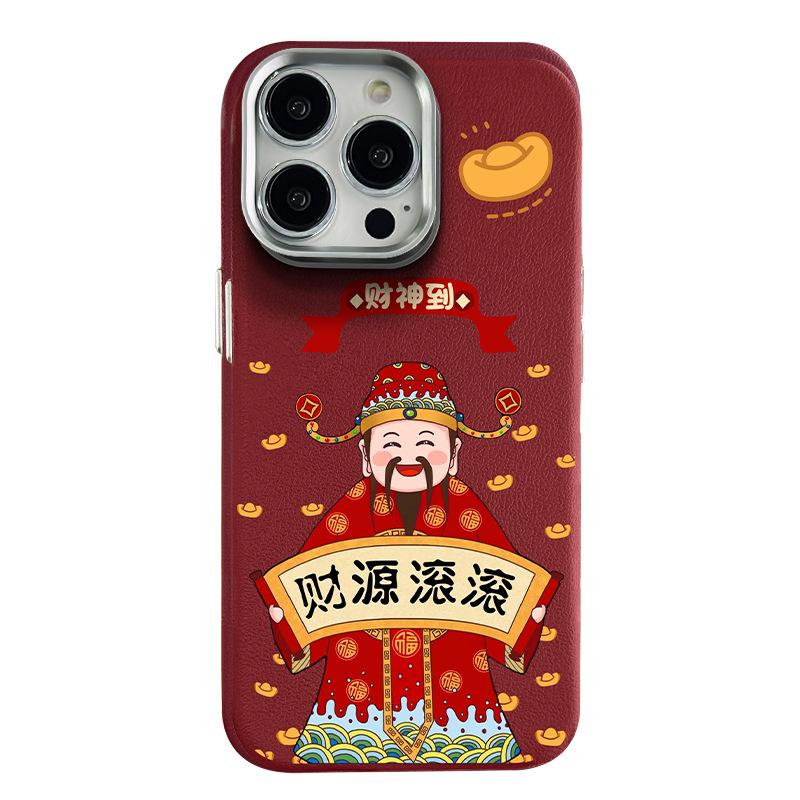 Бог богатства подходит для Apple 16pro Чехол для мобильного телефона iPhone 15 Кожаный узор Anti-fall 14 Новый год 13/12