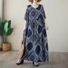 Summer Thin Cotton Round Neck Blue Printed Simple Medium Long Dress for Women Casual Dresses