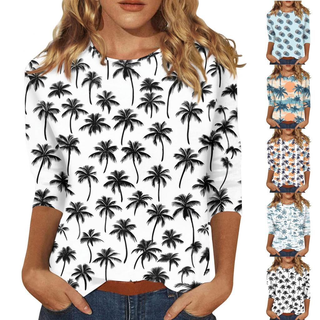 Women's Fashion Casual Round Neck 3/4 Sleeve Printed T-Shirt Ladies Top