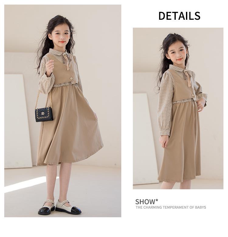 Платье для девочек «Гусиная лапка», имитация двойки - 2025 Осень, студенческий стиль для детей