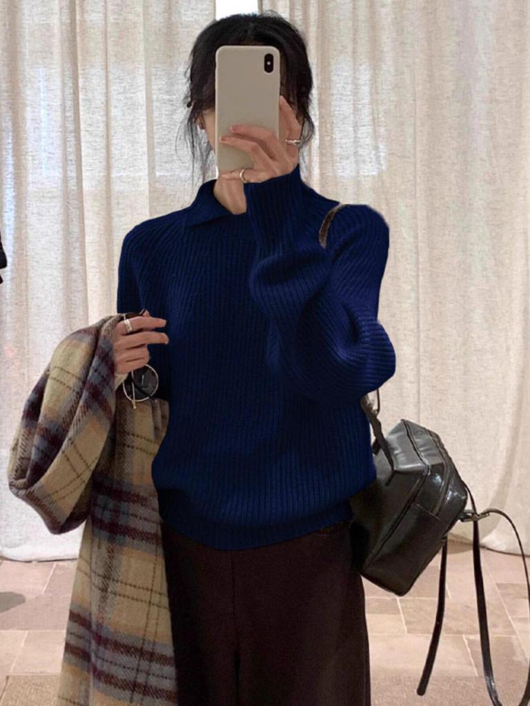 Women's Fuzzy Gray Lapel Sweater - Cozy Korean Loose Fit for Autumn/Winter