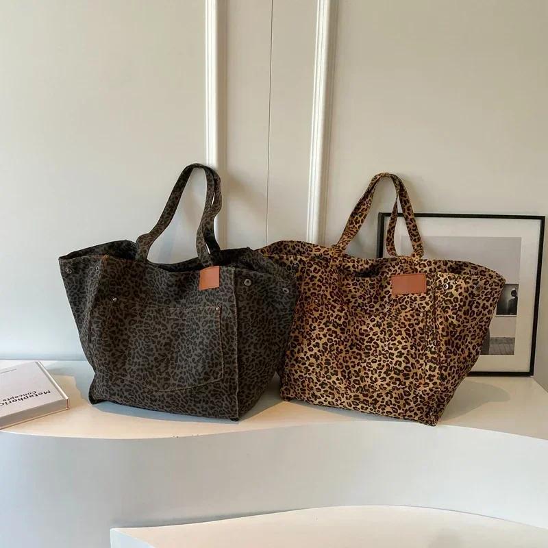Women's Large Capacity Canvas Shoulder Bag Leopard Print Multifunctional Casual Tote Bag