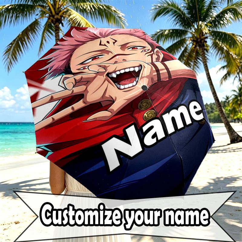 Custom Name Personalized Jujutsu Kaisen Print Umbrella, Auto Open Close, 8‑Rib Sturdy Frame, Commute Camping Hiking Use, Birthday Gift