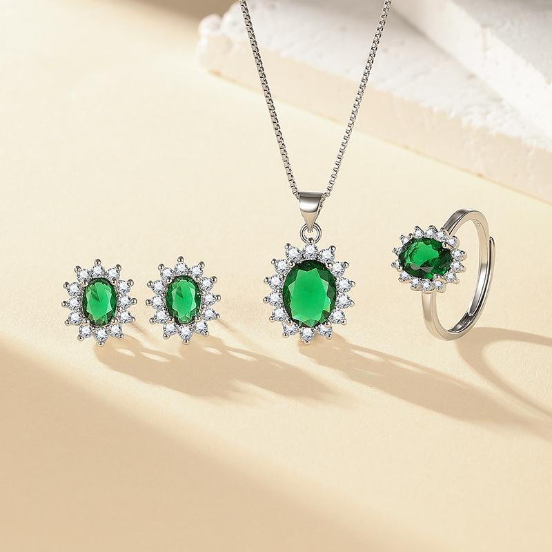 Blue Red Yellow Green Purple and White Gemstone Zircon Princess Crown Necklace Set Ring Earrings Pendant Female