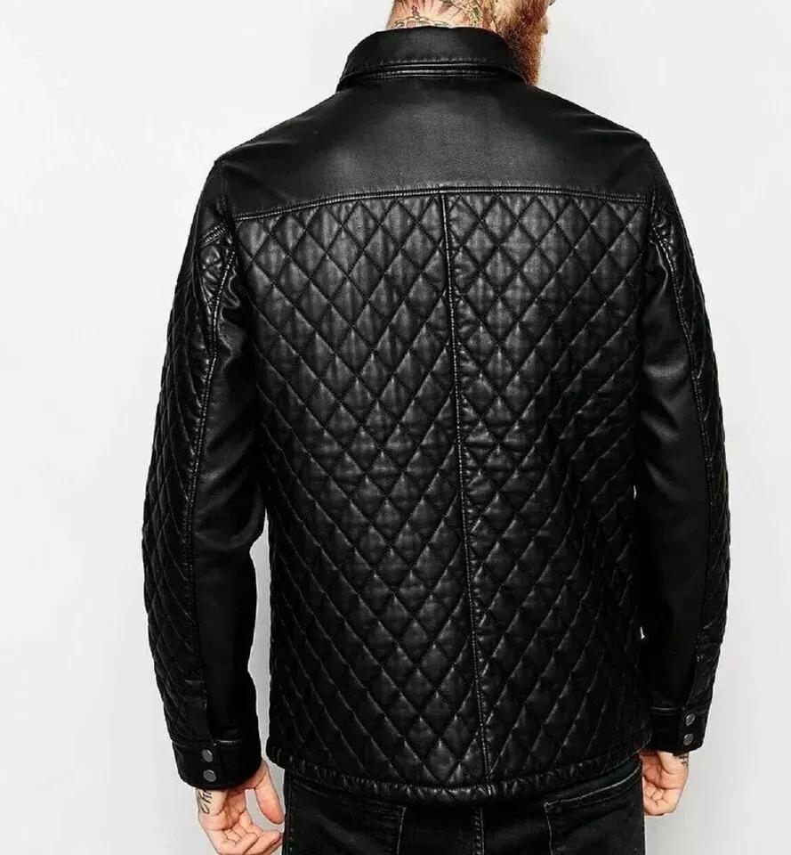 Стильная мужская рубашка ручной работы из натуральной мягкой кожи черного цвета с стеганым узором