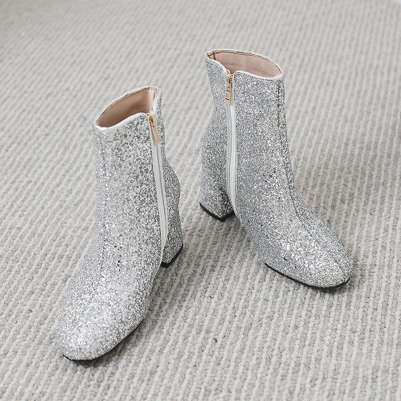 Gold Silver Blue Sequined Cloth Glitter Shoes Women High Heels Ankle Boots