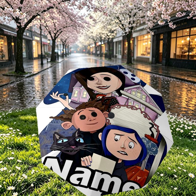 Custom Name Personalized Coraline Print Umbrella, Auto Open Close, 8‑Rib Sturdy Frame, Commute Camping Hiking Use, Birthday Gift