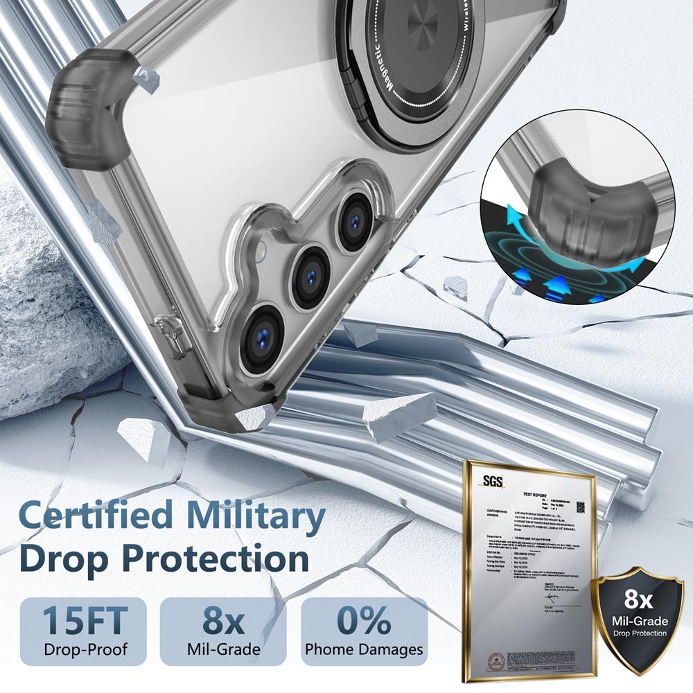 KEYSION Прозрачный чехол для MagSafe для Samsung Galaxy S24 FE 5G 360° Магнитная подставка-кольцо Беспроводная зарядка Прозрачная накладка для телефона