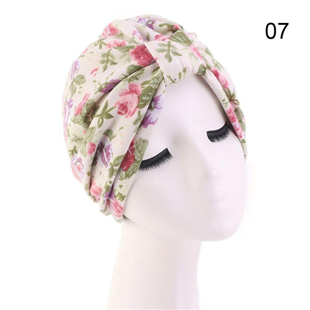 Knot Pleated Cotton Floral Print Turban Hat Head Cover Wrap Hat Soft Bonnet Sleep Night Cap