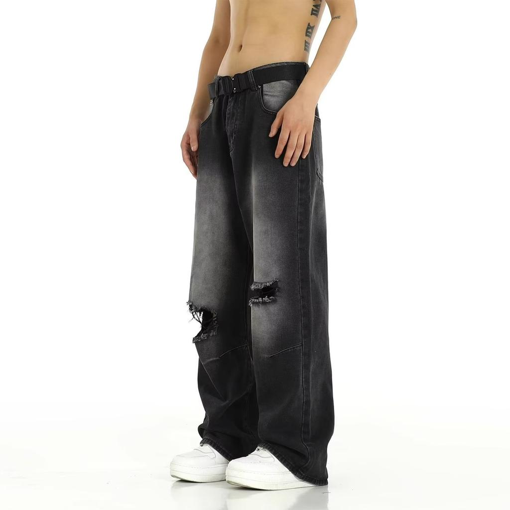High Street Washed Old Ripped Jeans Men's Summer Trend High Street Retro Loose Straight Casual Pants Straight