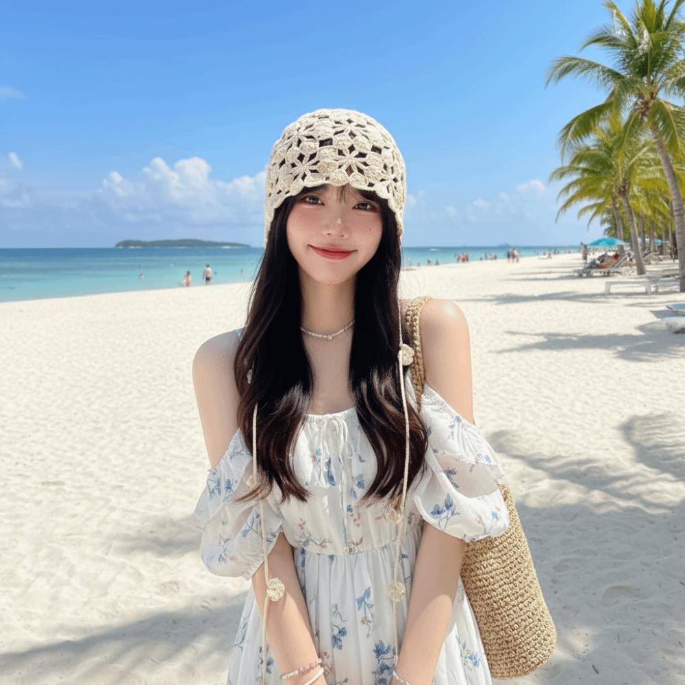 Tassel Hollowed Out Knitted Hat Floral Weave Cap Retro Bohemian Style Beanies Outdoor
