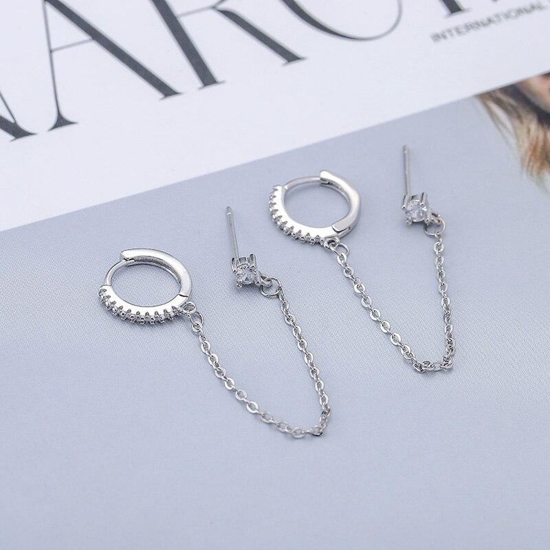 925 Sterling Silver Micro Zircon Double Pierced Hoop Earrings For Women Creative Chain Earrings Party Jewelry