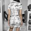 Gothic Floral Print Dress White Short Sleeve High Waist Bodycon Mini Dresses