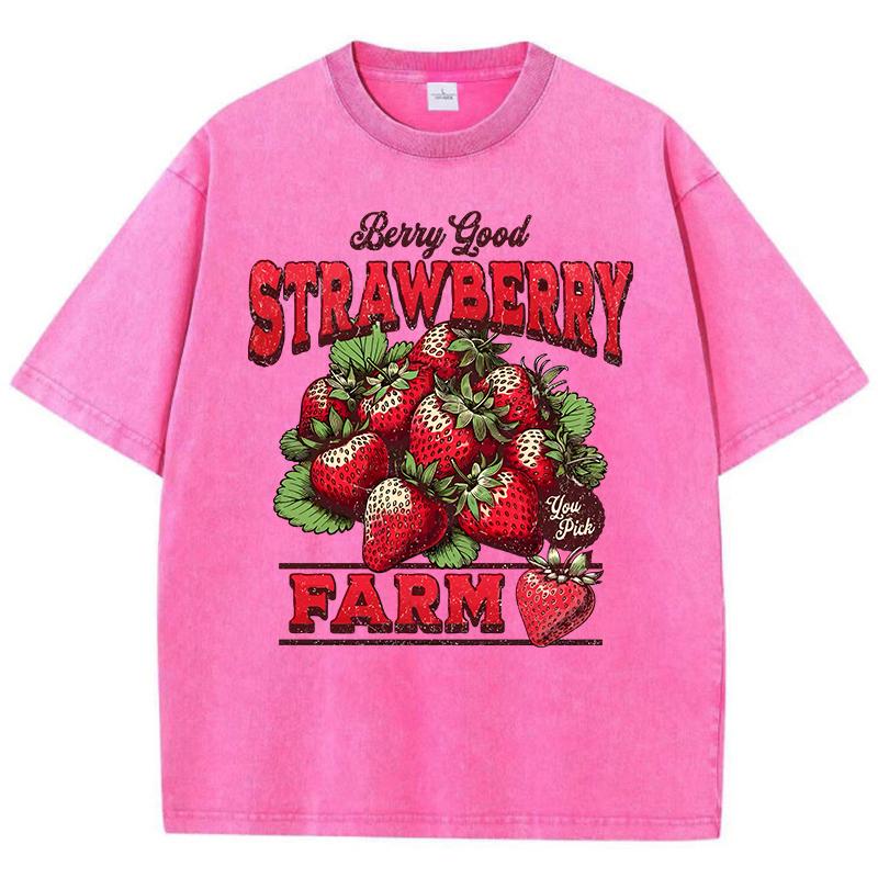Cotton Womans Acid Wash TShirts Strawberry Farm Retro Prints Tees Comfortable Crewneck Oversized Tops Fashion Female Clothes