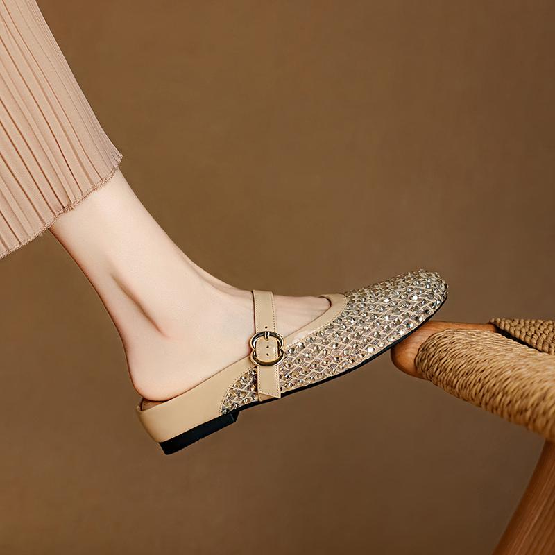 Fashion 2025 New Summer Slippers Sheepskin Shoes for Women Fashion Hollow Out Mules Round Toe Med Heels Cover Toe Slippers Sandals