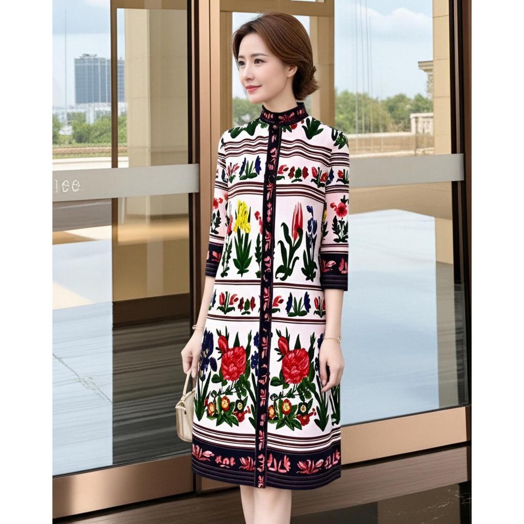Spring 2026 Retro-Print Dress & Cardigan Set - Age-Reducing, Loose Fit, Plus Size Skirt