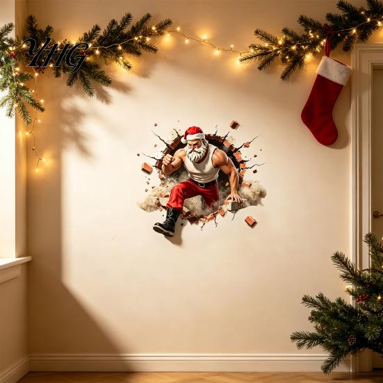 Festive Home Decorations Muscle Santa Claus Break Through Wall Christmas Decal, 3D Cracked Brick Seasonal Window Self?Adhesive Sticker, Funny Mural
