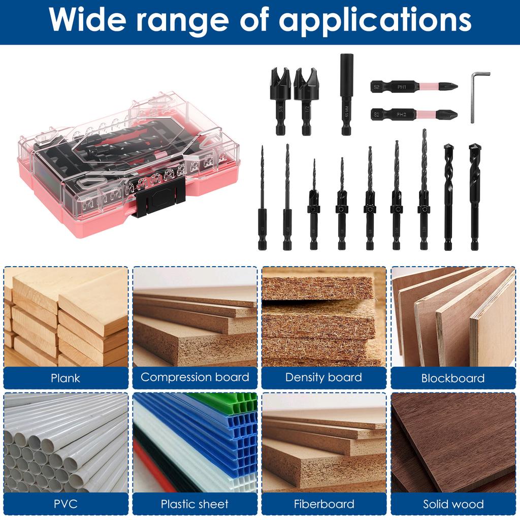 Countersink Drill Bit Set Tapered Drill Bits Counter Sink Drill Bit with 2PCS Wood Plug Cutter 1/4" Hex Shank Quick Change