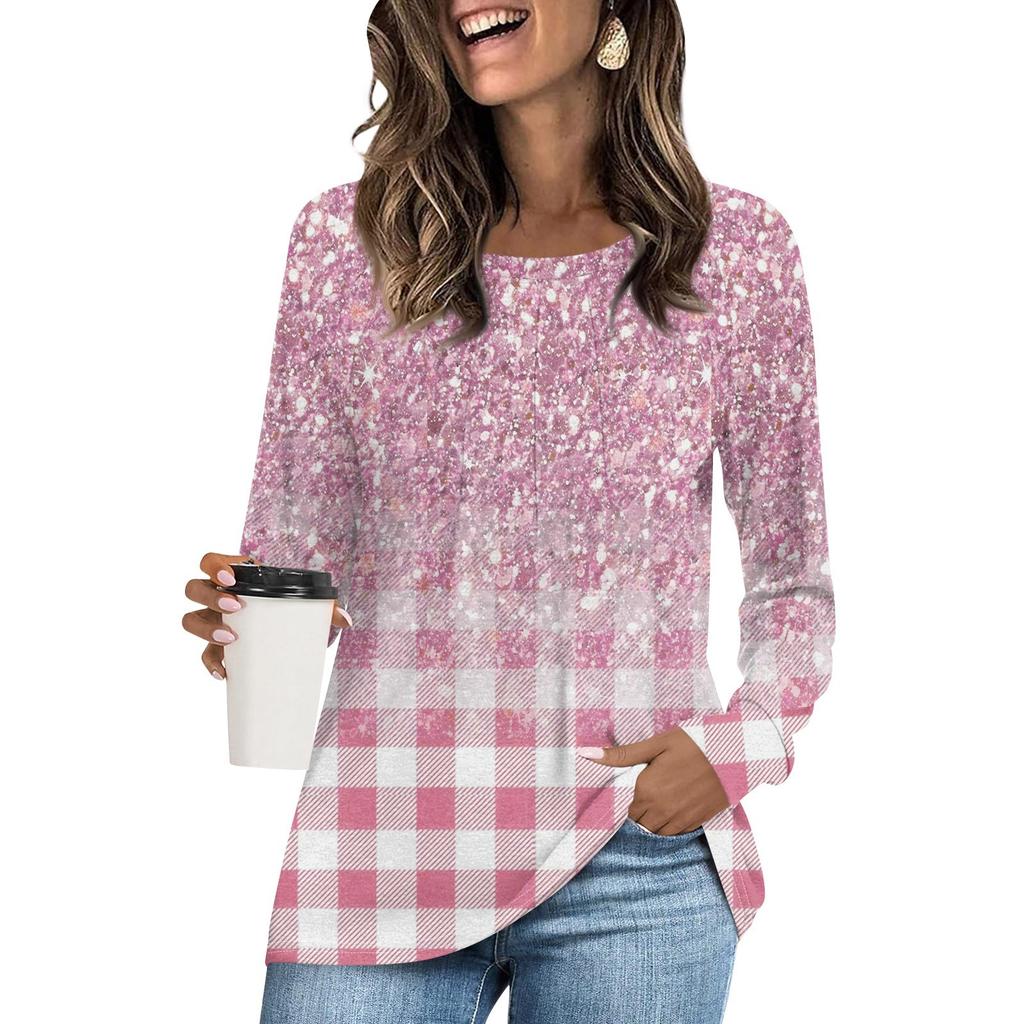 Women's Fashion Casual Pleated Round Neck Long Sleeve Striped T-Shirt Comfortable Top