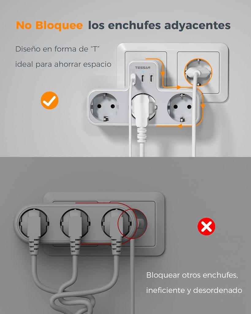 Tessan Multiple Wall Socket with 2 USB C 1 USB A Ports, 6 In 1 USB Adapter with Overload Protection for Smartphone,Tablet