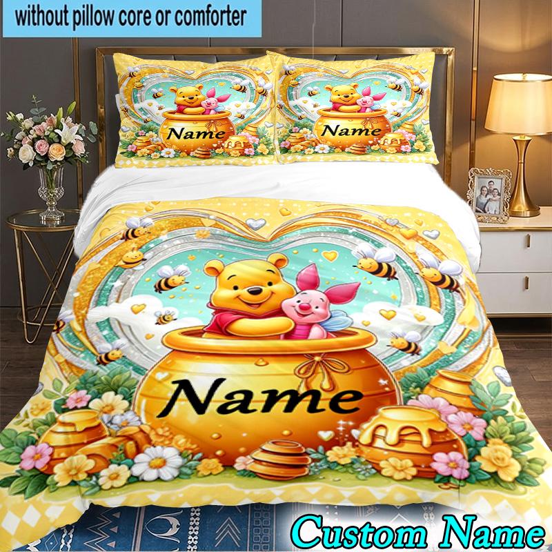 3PCS Custom Name Cartoon bear Bedding Set Printed Duvet Cover Closure Includes 1 Duvet Cover & 2 Pillowcases for All Seasons Bedroom Decor