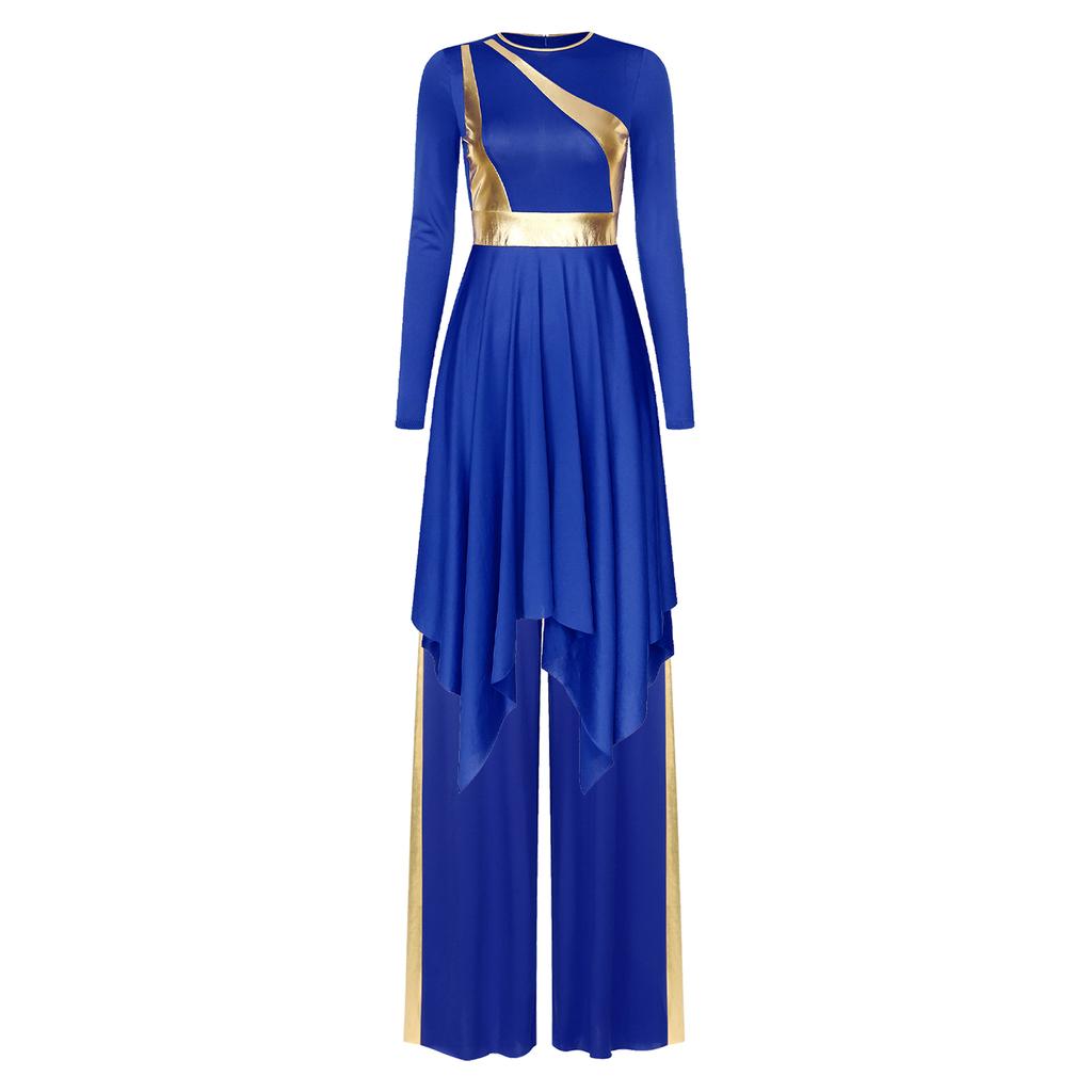 Womens Liturgical Dance Set Round Neck Long Sleeve Metallic Shiny Patchwork Irregular Dress Wide Leg Pants