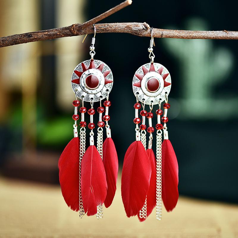 Этнический стиль длинные серьги с перьями и бахромой красные женские модные ретро-серьги в национальном стиле праздничные фотоукрашения