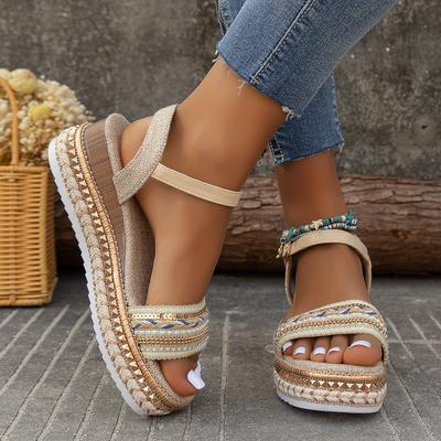 Круглая голова, одно слово, большой размер, стремя на одну ногу, модная пряжка с крючком, толстая подошва, заклепки из пеньковой веревки, модные тапочки, сандалии для женщин