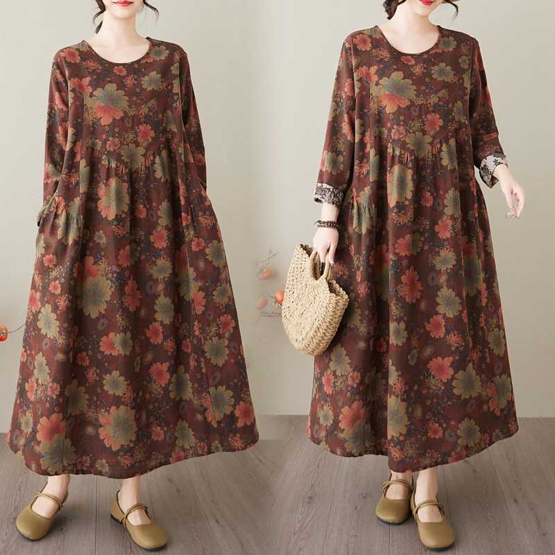 Весенне-летнее платье нового стиля в стиле ретро из хлопка и конопли с круглым вырезом, карманом и длинным рукавом, женское свободное тонкое платье А-силуэта