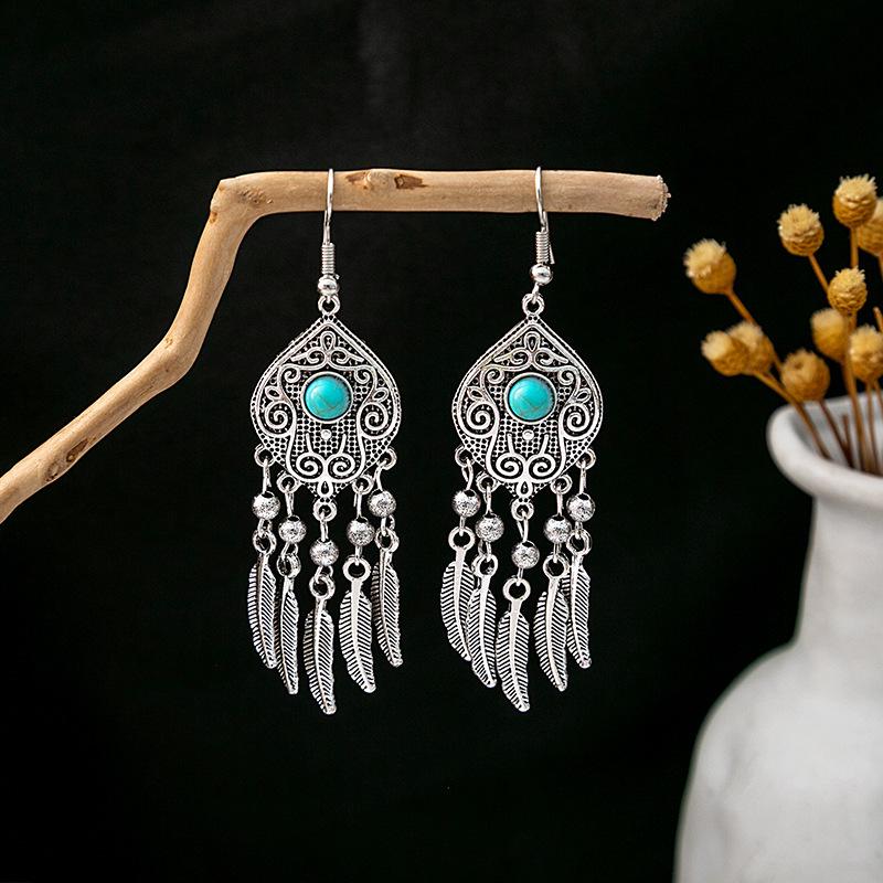 European and American Retro Hollow Turquoise Tassel Bohemian Earrings for Women