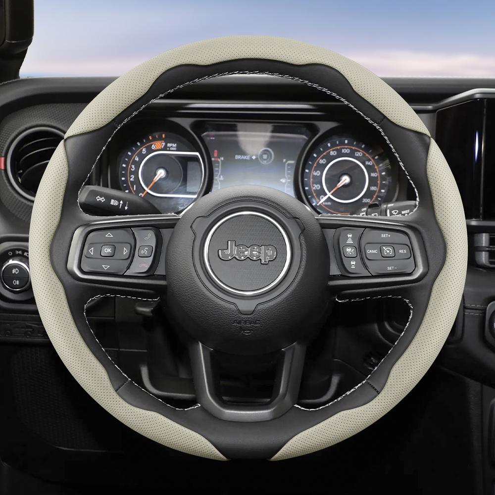 Suitable for Jeep Breathable Hole Leather Steering Wheel Cover Segmented Quick Release Design Non-Slip Durable Compass Renegade Wrangler Grand C AMU1