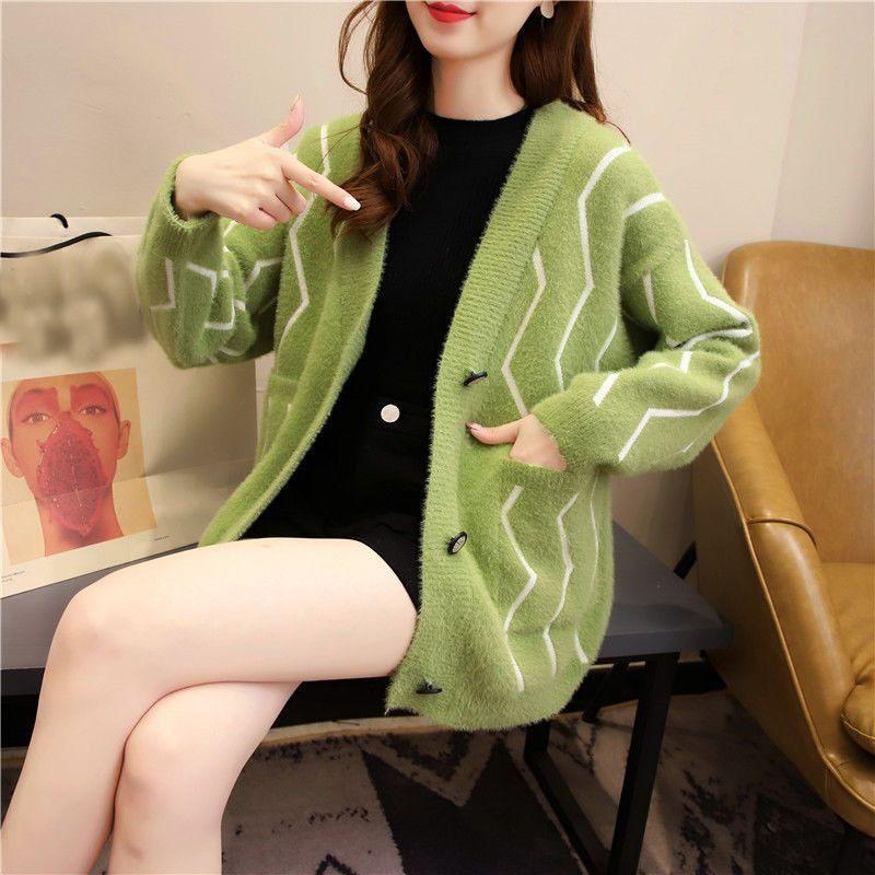 Норковое флисовое пальто, свитер, женский кардиган, осень/зима 2023, универсальный свободный и ленивый вязаный свитер с v-образным вырезом, кардиган, женские топы