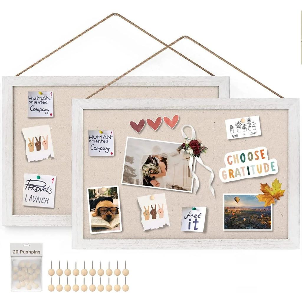 Sfugno Wood Bulletin Boards, 2-Pack Linen Wall Bulletin Board, Decorative Hanging Pin Board, 16"x11"Frame Cork Board Light Bulletin Boards