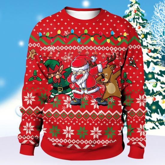 Couple Christmas Sweatshirt Christmas Print Loose Long Sleeves Colorful Round Neck Warm Unisex Elk Thick Women Men Sweatshirt for Party