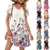 Women's Summer Fashion V-Neck Loose Dress Petal Short Sleeve Floral Print Beach Dresses