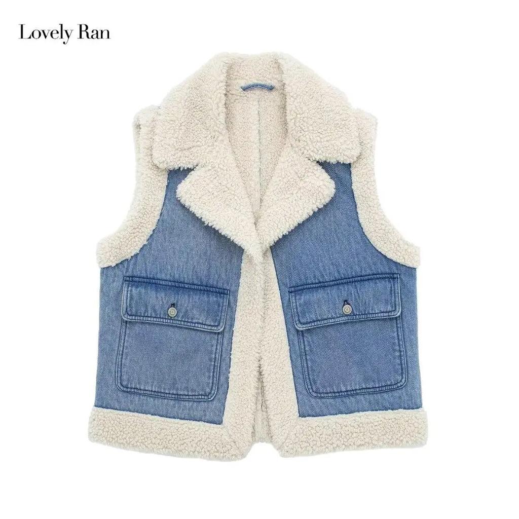 Winter Warm Waistcoat Jacket Women Thick Patchwork Female Vest Autumn Winter Lapel Fleece Pocket Sleeveless Lady Streetwear